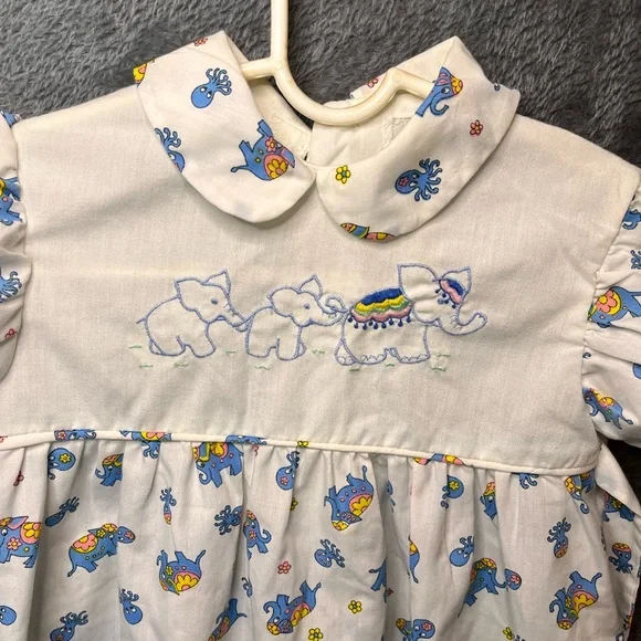 Vintage 70’s/80’s White Cotton Baby Dress with Blue & Yellow Elephant Print - Picture 3 of 13